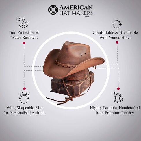 American Hat Makers Hollywood Australian Outback Oiled Genuine Leather Western Cowboy Hat, Breathable and Durable in Saudi Arabia