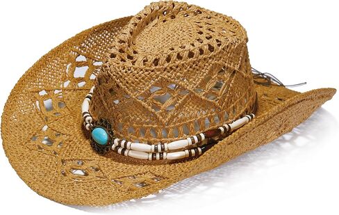 Faux Raffia Straw Western Cowboy Cowgirl Hat for Women or Ladies - Cute Wide Brim Decorative Bands in Kuwait