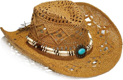 Faux Raffia Straw Western Cowboy Cowgirl Hat for Women or Ladies - Cute Wide Brim Decorative Bands in Kuwait