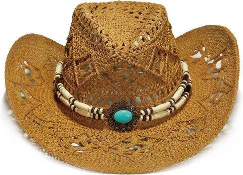 Faux Raffia Straw Western Cowboy Cowgirl Hat for Women or Ladies - Cute Wide Brim Decorative Bands in Kuwait
