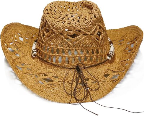 Faux Raffia Straw Western Cowboy Cowgirl Hat for Women or Ladies - Cute Wide Brim Decorative Bands in Kuwait