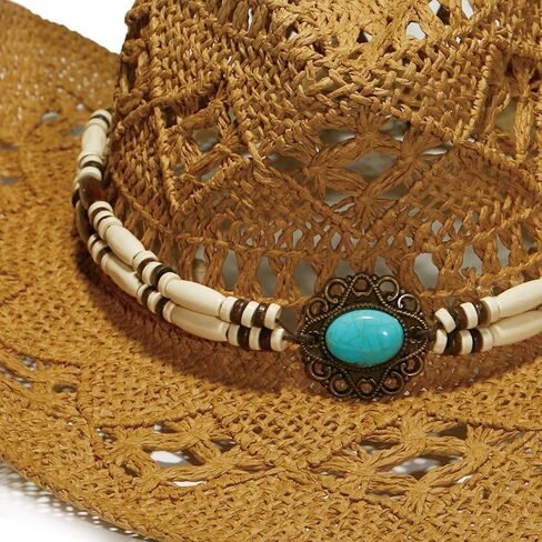 Faux Raffia Straw Western Cowboy Cowgirl Hat for Women or Ladies - Cute Wide Brim Decorative Bands in Kuwait