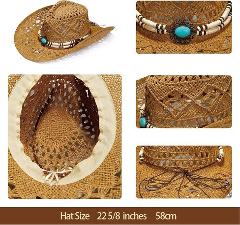 Faux Raffia Straw Western Cowboy Cowgirl Hat for Women or Ladies - Cute Wide Brim Decorative Bands in Kuwait