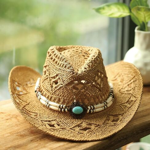 Faux Raffia Straw Western Cowboy Cowgirl Hat for Women or Ladies - Cute Wide Brim Decorative Bands in Kuwait