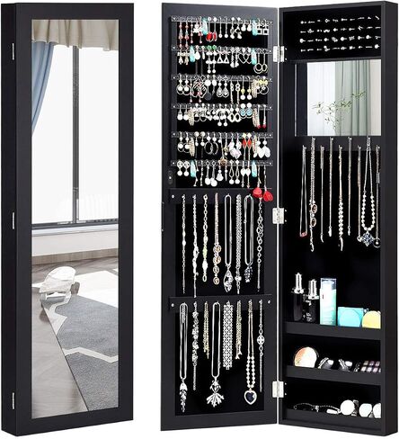 Giantex Jewelry Armoire Cabinet Wall Door Mounted with Full Length Mirror, Jewelry Organizer with Makeup Mirror, Ring Earring Slots, Necklace Hooks, Large Capacity Storage Jewelry Armoire (White) in Saudi Arabia