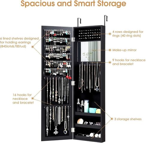 Giantex Jewelry Armoire Cabinet Wall Door Mounted with Full Length Mirror, Jewelry Organizer with Makeup Mirror, Ring Earring Slots, Necklace Hooks, Large Capacity Storage Jewelry Armoire (White) in Saudi Arabia