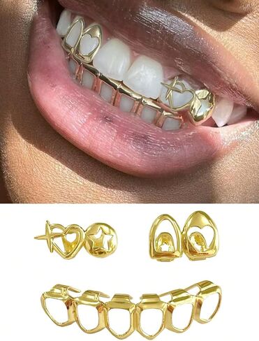3PC Gold Grillz Set Open Face Hip Hop Teeth Jewelry Gold Plated Dental Caps for Top Bottom Removable Grills for Men Women in Saudi Arabia