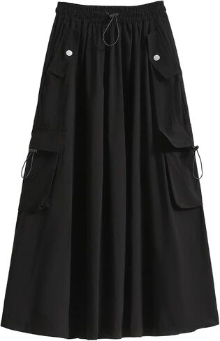 ebossy Women's Vintage Cotton Drawstring Elastic Waist Multi-Pockets Utility Pencil Long Cargo Skirts in Saudi Arabia