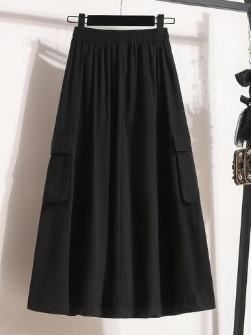 ebossy Women's Vintage Cotton Drawstring Elastic Waist Multi-Pockets Utility Pencil Long Cargo Skirts in Saudi Arabia