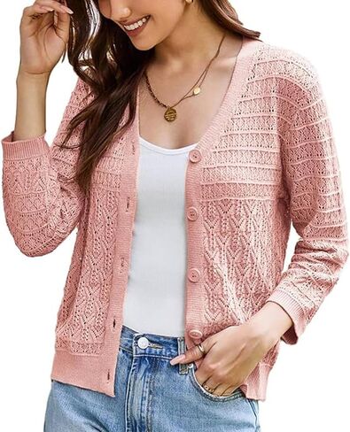 GRACE KARIN 2024 Women's 3/4 Sleeve Crochet Knit Button Down Cardigan Cropped Shrug Bolero Lightweight Sweaters Tops Rose Red M in Saudi Arabia