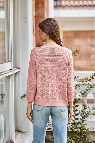 GRACE KARIN 2024 Women's 3/4 Sleeve Crochet Knit Button Down Cardigan Cropped Shrug Bolero Lightweight Sweaters Tops Rose Red M in Saudi Arabia