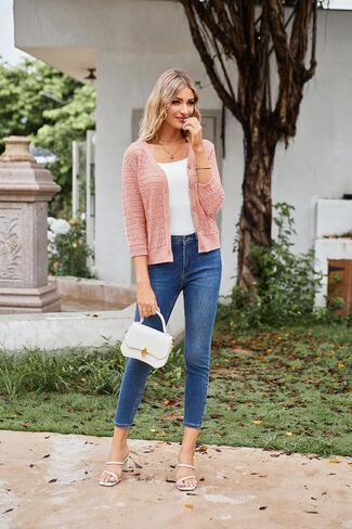GRACE KARIN 2024 Women's 3/4 Sleeve Crochet Knit Button Down Cardigan Cropped Shrug Bolero Lightweight Sweaters Tops Rose Red M in Saudi Arabia