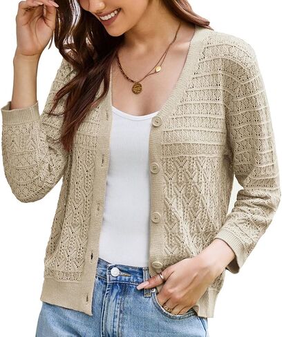 GRACE KARIN 2024 Women's 3/4 Sleeve Crochet Knit Button Down Cardigan Cropped Shrug Bolero Lightweight Sweaters Tops Rose Red M in Saudi Arabia