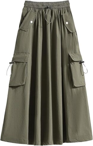 ebossy Women's Vintage Cotton Drawstring Elastic Waist Multi-Pockets Utility Pencil Long Cargo Skirts in Saudi Arabia