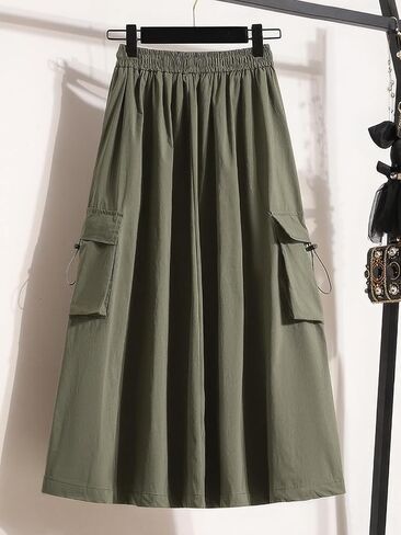 ebossy Women's Vintage Cotton Drawstring Elastic Waist Multi-Pockets Utility Pencil Long Cargo Skirts in Saudi Arabia