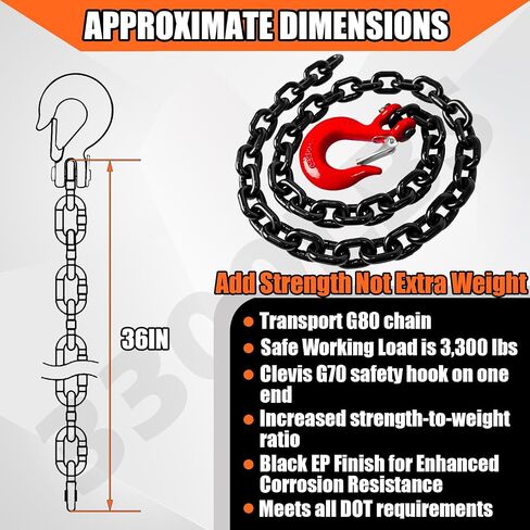 2 حزمة الصف 80 سلسلة أمان المقطورة 36 بوصة ، الانتهاء من electrophoresis الأسود مع 1/4 '' 'Red Clevis Snap Hook | سلسلة النقل الثقيلة 13200 رطل قوة كسر للقطر in Saudi Arabia