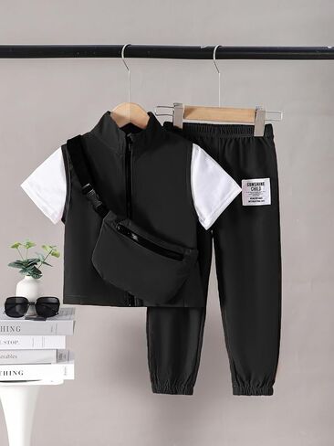 Boys Clothes Kids Boy's Summer Outfits Short Sleeve T shirt Top Pants Vest Crossbody Bag 4 Piece Casual Outfit in Saudi Arabia