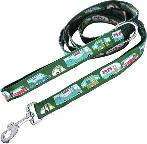 Triple Handle Dog Leash - 3 Handles at 12, 20, and 72 Inches - 6 Foot Lead - Cute RV Campers and Motorhomes on Royal Blue - Original Stay-Flat Design - Handmade by Green Acorn Kitchen in Saudi Arabia