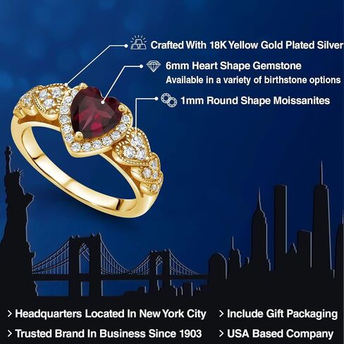 Gem Stone King Heart Halo Ring للنساء | 18K الذهب الأصفر مطلي بالفضة | 6 ملم شكل القلب مركز الأحجار الكريمة الحجر المولد واللهجات الوهمية مويسانيت | خاتم الخطوبة الذكرى السنوية | الأحجام 5-9 in Saudi Arabia