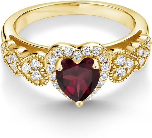 Gem Stone King Heart Halo Ring للنساء | 18K الذهب الأصفر مطلي بالفضة | 6 ملم شكل القلب مركز الأحجار الكريمة الحجر المولد واللهجات الوهمية مويسانيت | خاتم الخطوبة الذكرى السنوية | الأحجام 5-9 in Saudi Arabia