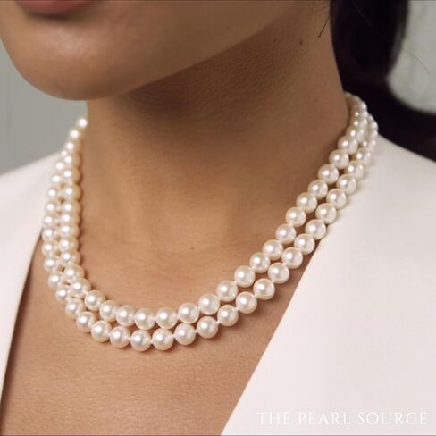 The Pearl Source 14K Gold 7-8mm AAA Quality Double Strand White Freshwater Cultured Pearl Necklace for Women in 18-19" Princess Length in Kuwait