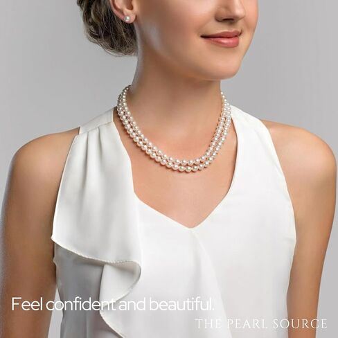 The Pearl Source 14K Gold 7-8mm AAA Quality Double Strand White Freshwater Cultured Pearl Necklace for Women in 18-19" Princess Length in Kuwait