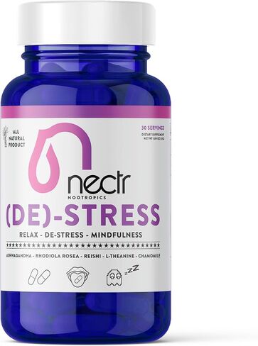 Nectr DE-Stress - Ashwagandha - Rhodiola Rosea - Reishi Extract 10:1 - L-Theanine - Chamomile Extract 20:1-30 Servings (60 Capsules) - Promotes Natural Mood Control for Relaxation - Made in Sweden in Saudi Arabia