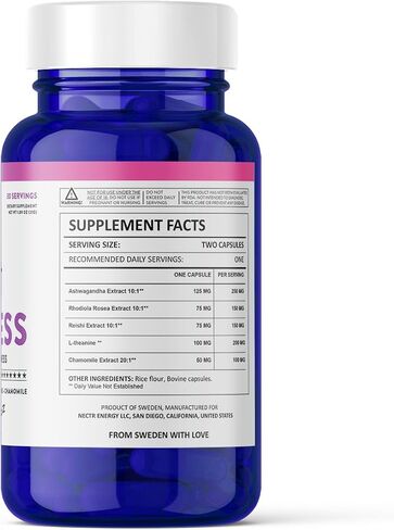 Nectr DE-Stress - Ashwagandha - Rhodiola Rosea - Reishi Extract 10:1 - L-Theanine - Chamomile Extract 20:1-30 Servings (60 Capsules) - Promotes Natural Mood Control for Relaxation - Made in Sweden in Saudi Arabia