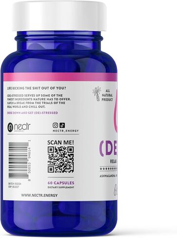 Nectr DE-Stress - Ashwagandha - Rhodiola Rosea - Reishi Extract 10:1 - L-Theanine - Chamomile Extract 20:1-30 Servings (60 Capsules) - Promotes Natural Mood Control for Relaxation - Made in Sweden in Saudi Arabia