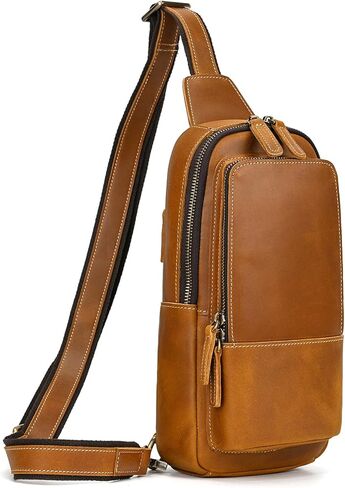 Men's Genuine Leather Sling Bag Chest Shoulder Backpack Multi Pocket Crossbody Bag for Casual Sport Hiking Travel in Kuwait