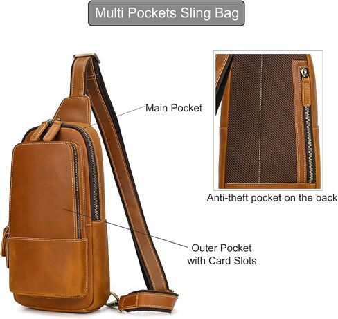 Men's Genuine Leather Sling Bag Chest Shoulder Backpack Multi Pocket Crossbody Bag for Casual Sport Hiking Travel in Kuwait