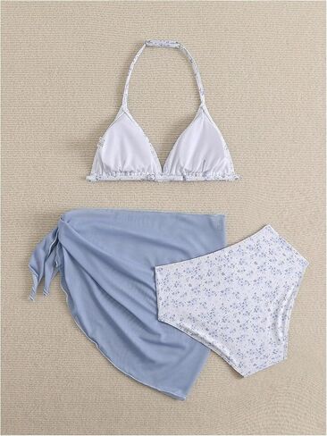 Milumia Girl's 3 Piece Bikni Set Ditsy Floral Halter Swimsuit with Cover Up Skirts in Saudi Arabia