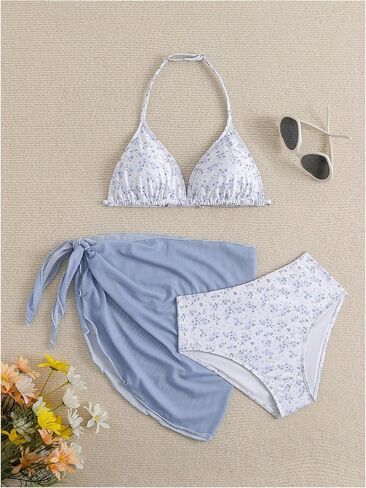 Milumia Girl's 3 Piece Bikni Set Ditsy Floral Halter Swimsuit with Cover Up Skirts in Saudi Arabia