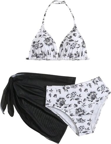 Milumia Girl's 3 Piece Bikni Set Ditsy Floral Halter Swimsuit with Cover Up Skirts in Saudi Arabia
