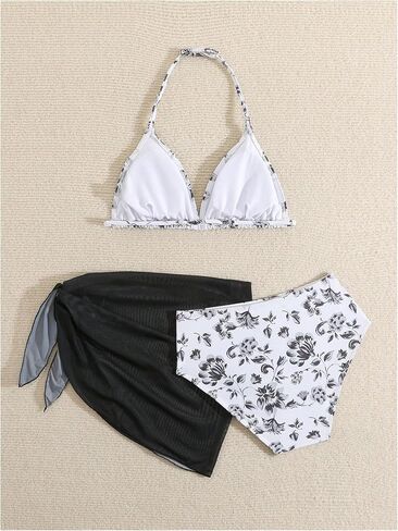 Milumia Girl's 3 Piece Bikni Set Ditsy Floral Halter Swimsuit with Cover Up Skirts in Saudi Arabia