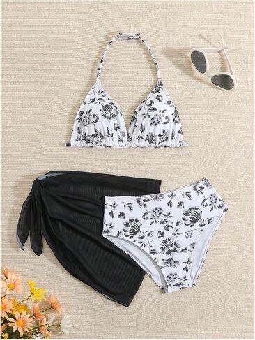 Milumia Girl's 3 Piece Bikni Set Ditsy Floral Halter Swimsuit with Cover Up Skirts in Saudi Arabia