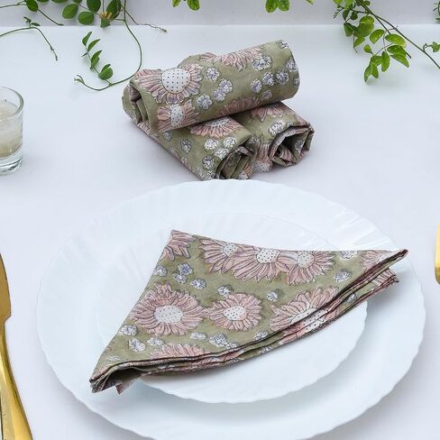 Chocolatey Brown and Bluish Gray Hand Block Printed Napkins, 100% Pure Cotton Cloth 20X20 Inch Dinner Napkins, Handmade Home Decor Set of 4 Floral Wedding Napkins, Christmas Party Gift for Her(ANURAM) in Saudi Arabia