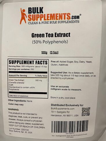 BulkSupplements.com Green Tea Extract Powder - 50% Polyphenol, Green Tea Supplement, Herbal Supplement - Gluten Free, 500mg per Serving, 250g (8.8 oz) (Pack of 1) in Saudi Arabia