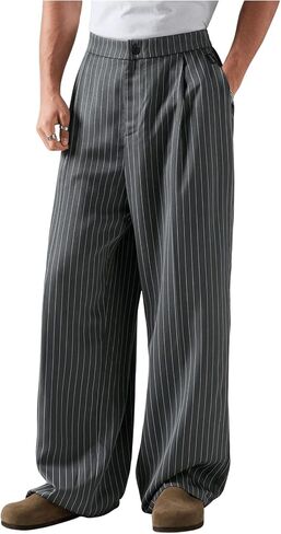 GORGLITTER Men's Baggy Casual Pleated Striped Dress Pants 2025 Wide Leg Trousers with Pockets in Saudi Arabia