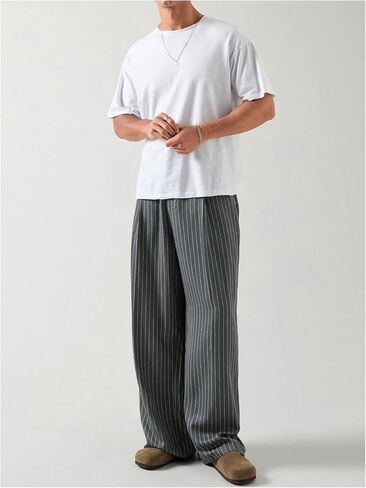 GORGLITTER Men's Baggy Casual Pleated Striped Dress Pants 2025 Wide Leg Trousers with Pockets in Saudi Arabia