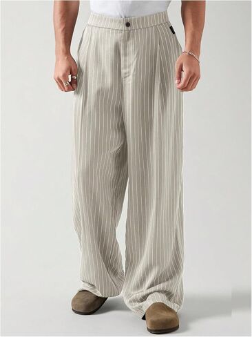 GORGLITTER Men's Baggy Casual Pleated Striped Dress Pants 2025 Wide Leg Trousers with Pockets in Saudi Arabia