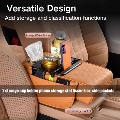 Integrated Pressurized Multifunctional Car Armrest Heightening Pad Pad with 2 Cup Holder Phone Slot Tissue Box Side Pockets for All Car Models Armrest Cushion Center Console Cover (Yellow) in Saudi Arabia