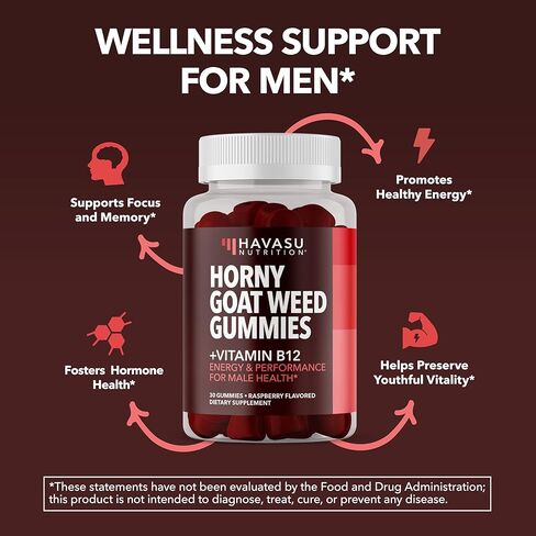 Horny Goat Weed Gummies with Vitamin B12 | Energy, Endurance & Performance Support for Men and Women | Enhanced with B12 Vitamins for Mood & Male Health Support | 60 Vegan Raspberry Gummies in Kuwait