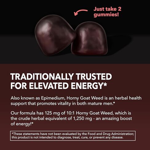 Horny Goat Weed Gummies with Vitamin B12 | Energy, Endurance & Performance Support for Men and Women | Enhanced with B12 Vitamins for Mood & Male Health Support | 60 Vegan Raspberry Gummies in Kuwait