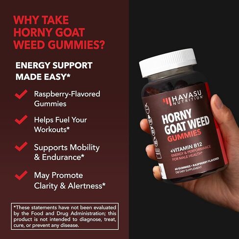 Horny Goat Weed Gummies with Vitamin B12 | Energy, Endurance & Performance Support for Men and Women | Enhanced with B12 Vitamins for Mood & Male Health Support | 60 Vegan Raspberry Gummies in Kuwait