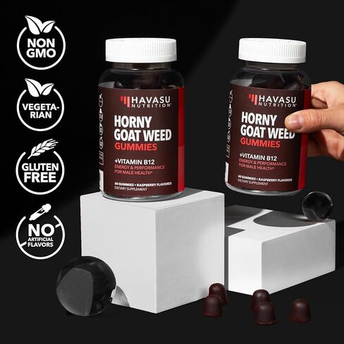 Horny Goat Weed Gummies with Vitamin B12 | Energy, Endurance & Performance Support for Men and Women | Enhanced with B12 Vitamins for Mood & Male Health Support | 60 Vegan Raspberry Gummies in Kuwait