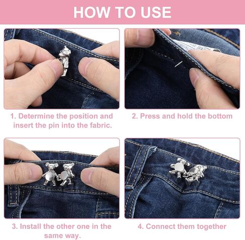 AOZUO 4 Set Pant Waist Tightener, Cute Bear Pants Clips Jean Buttons Adjustable Waist Buckle Set No Sew and No Tools Button Pins to Tighten Waist for Women Girl Pants Dress Jeans Skirts Sleeves in Saudi Arabia
