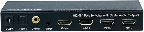 محول Monoprice Blackbird 4x1 HDMI 1.4 - HDCP 1.4، مع Toslink، المحور الرقمي ومستخرج الصوت التناظري، 1080p 60 هرتز، DAC وكابل الصوت - 1.5 قدم - أسود | قسط ستيريو ذكر إلى 2RCA ذكر 22AWG in Saudi Arabia