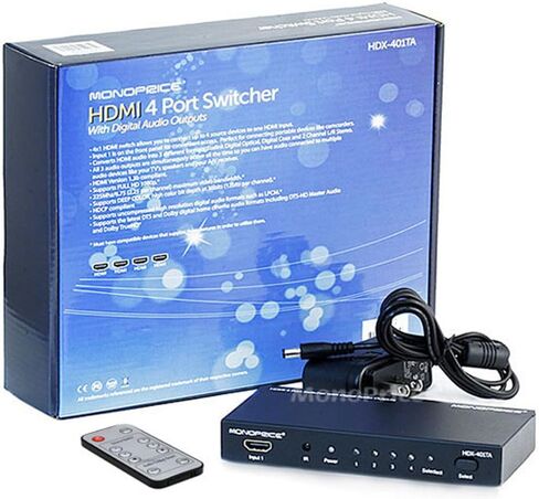 محول Monoprice Blackbird 4x1 HDMI 1.4 - HDCP 1.4، مع Toslink، المحور الرقمي ومستخرج الصوت التناظري، 1080p 60 هرتز، DAC وكابل الصوت - 1.5 قدم - أسود | قسط ستيريو ذكر إلى 2RCA ذكر 22AWG in Saudi Arabia