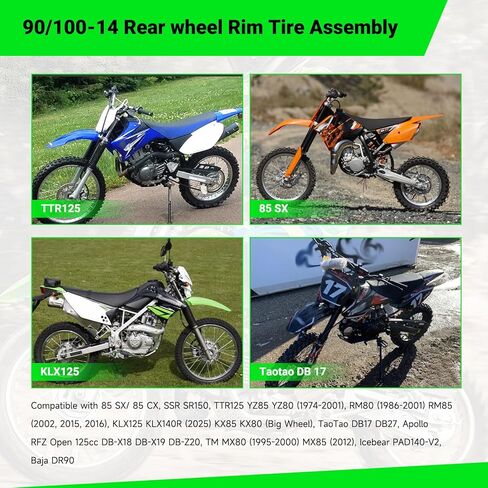 14" Rear Wheel 90/100-14 3.00-14 Dirt Bike Tire Rim Assembly Compatible with SSR Apollo 150cc 140cc 125cc CR80R CR85R CRF80F CRF125F DB17 KX85 KLX125 TTR125 Off Road Motocross Part in Saudi Arabia